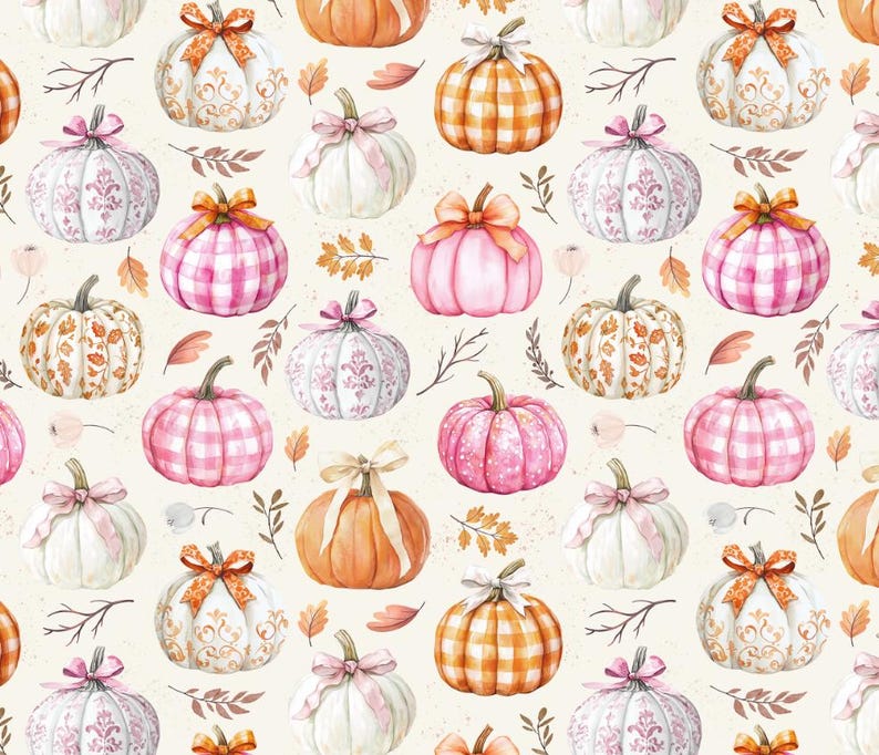 May include: A repeating pattern on a cream background featuring various pumpkins in shades of orange, pink, and white. The pumpkins are decorated with bows, gingham checks, and floral patterns, interspersed with small brown leaves and thin twigs.