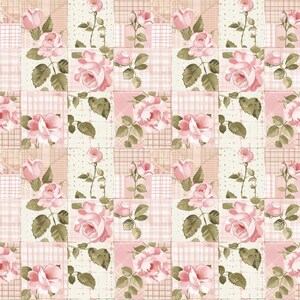 May include: A fabric featuring a repeating patchwork pattern of light pink roses with green leaves and stems. The design alternates between squares of solid light pink, white with small pink dots, and a light pink and white plaid grid pattern.