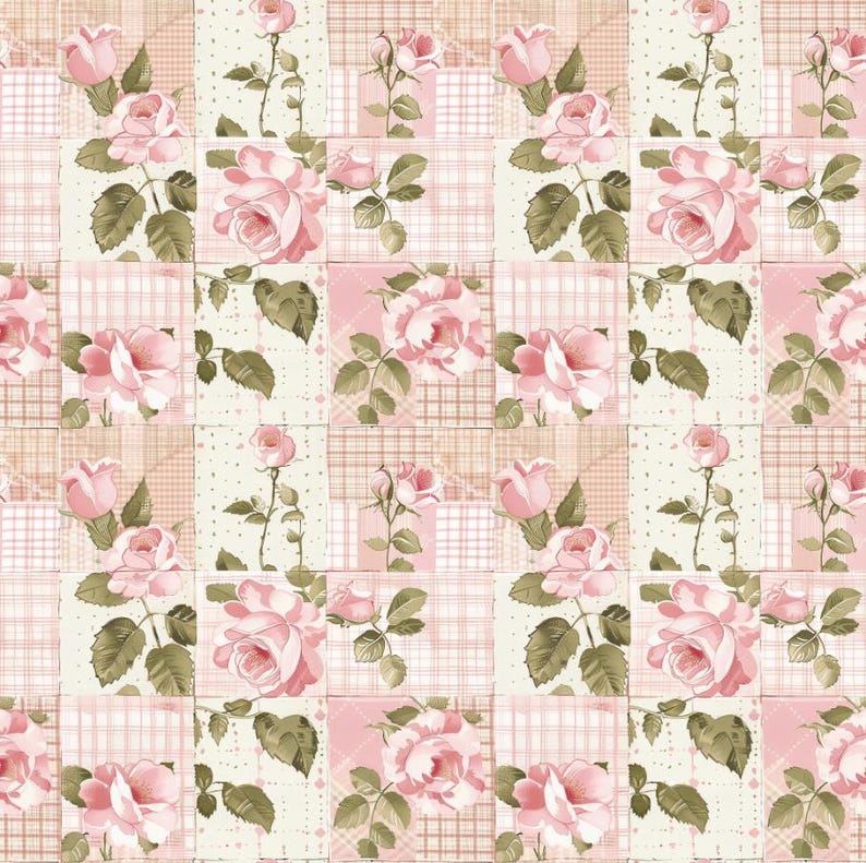 May include: A fabric featuring a repeating patchwork pattern of light pink roses with green leaves and stems. The design alternates between squares of solid light pink, white with small pink dots, and a light pink and white plaid grid pattern.