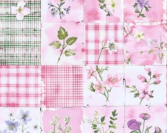 Pink Floral Patchwork Gingham Check Pattern Cotton Floral Fabric-DIY 100% Cotton Fabric-Sold by Half Yard