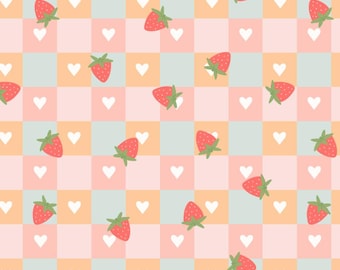 Grid Strawberry Pattern Cotton Cartoon Fabric-DIY 100% Cotton Fabric-Sold by Half Yard