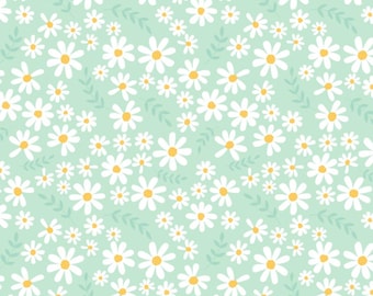 Mint Daisy flowers Pattern Cotton Cartoon Fabric-DIY 100% Cotton Fabric-Sold by Half Yard