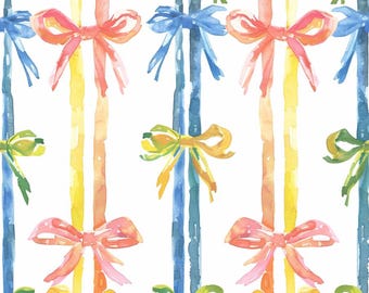 Girly Bow Vertical Stripe Pattern Cotton Watercolor Fabric-DIY 100% Cotton Fabric-Sold by Half Yard