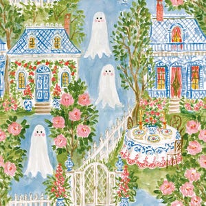 May include: A watercolor-style pattern featuring white ghosts floating between two blue and white houses, a white picket fence, and a garden filled with pink roses. A round table with a patterned tablecloth and chairs sits in the yard.