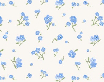 Blue Tiny Shabby Rose Pattern Cotton Cartoon Fabric-DIY 100% Cotton Fabric-Sold by Half Yard