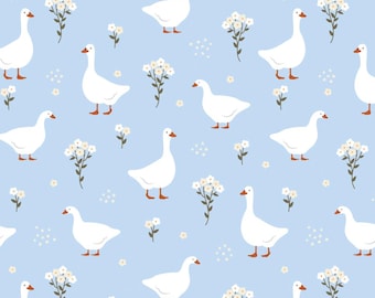 Blue Floral Goose Cotton Cartoon Fabric-DIY 100% Cotton Fabric-Sold by Half Yard
