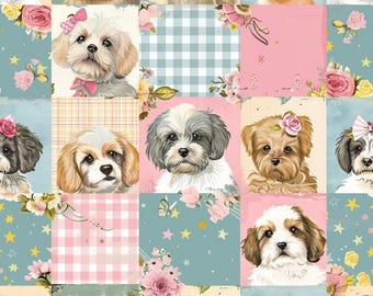 Puppy Patchwork Maltese Dog Pattern Cotton Animal Fabric-DIY 100% Cotton Fabric-Sold by Half Yard