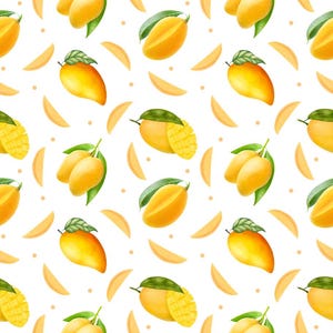 Könnte beinhalten: Ein sich wiederholendes Muster aus gelben Mangos auf weißem Hintergrund. Das Design zeigt ganze Mangos mit grünen Blättern, Mangoscheiben und gewürfelte Mangostücke, alles in einem lebendigen, illustrativen Stil mit weichen Schattierungen.