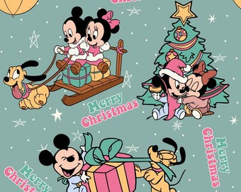 Mickey Minnie Christmas Pattern Cotton Cartoon Holiday Fabric-DIY 100% Cotton Fabric-Sold by Half Yard