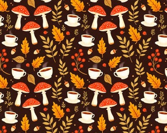Autumn Mushroom With Coffee Pattern Cotton Cartoon Fabric-DIY 100% Cotton Fabric-Sold by Half Yard