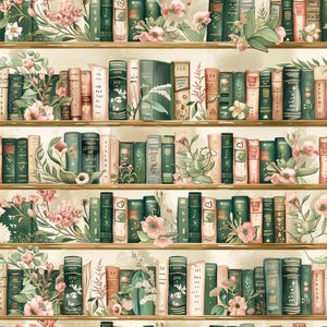 May include: A repeating wallpaper pattern featuring rows of books on shelves interspersed with pink and white flowers and green foliage. The books are rendered in shades of green, cream, and tan, arranged vertically on horizontal gold-toned shelves.