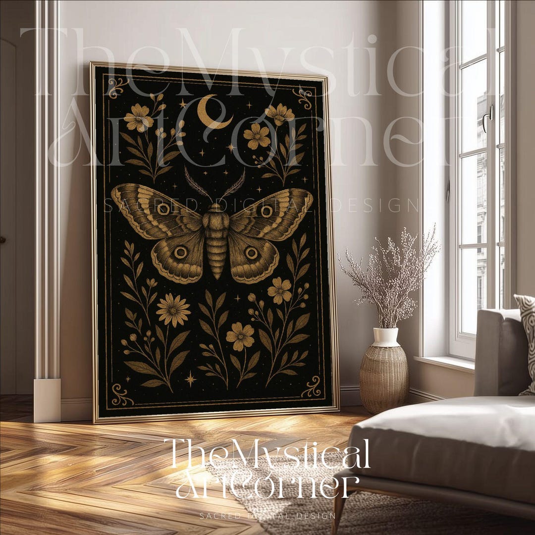 Printable Luna Moth Wall Art, Witchy Moon Decor, Floral Poster, Dark ...