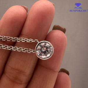 1.50 CT Round Moissanite Necklace, Solid 10K/14K White Gold Diamond Necklace, Bezel Set Solitaire Diamond Pendant, Bridesmaid Necklace Gift