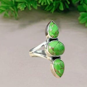 Green Turquoise Pear Ring: Handmade 925 Sterling Silver Statement Jewelry