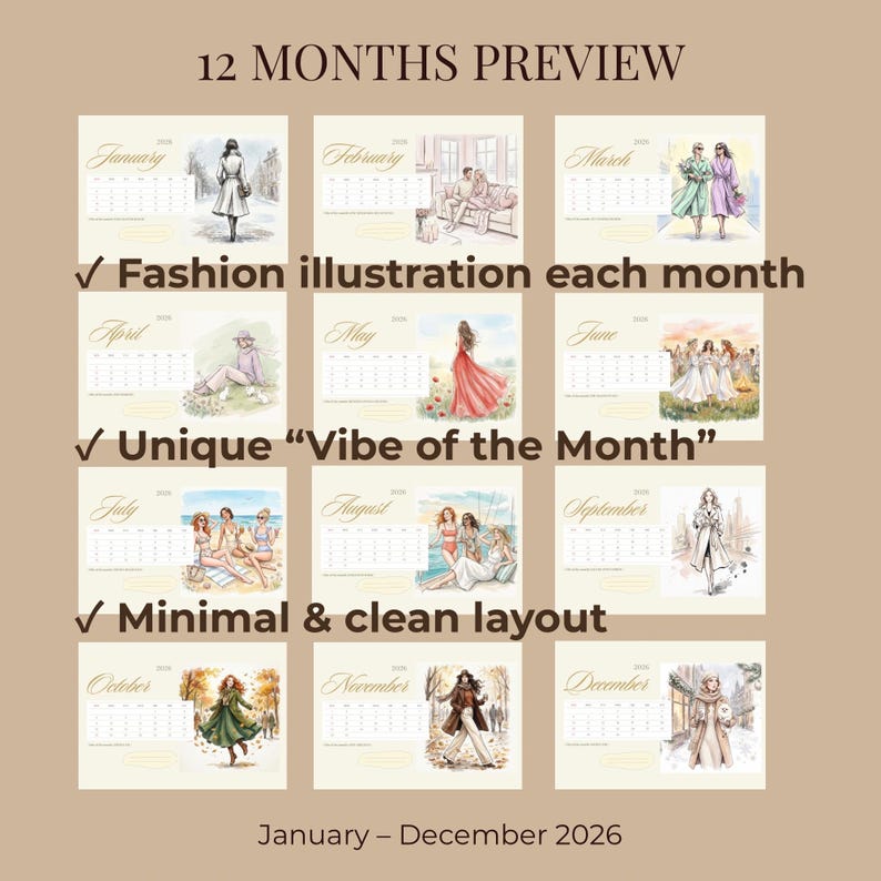 Printable 2026 Beige Aesthetic Calendar – Fashion Sketch Style, Instant ...