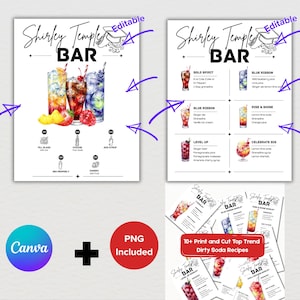 May include: A digital print featuring "Shirley Temple Bar" recipes. The image includes colorful cocktail illustrations, ingredient lists, and instructions. The design also includes a Canva logo and a "PNG Included" badge.