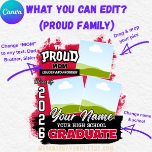 May include: A customizable graduation announcement template with the text "The Proud Mom" and "Graduate." It includes space for photos and personalization of the graduate's name and high school. The design is in red, black, and white.