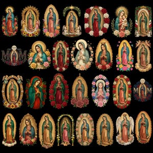 Puede incluir: Una colección de grabados de arte religioso que representan a la Virgen María. Cada imagen muestra a la Virgen María en varias poses, rodeada de arreglos florales y halos, con una paleta de colores rojo, verde, dorado y azul sobre un fondo negro.