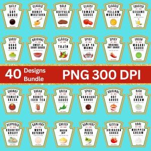 May include: A collection of 40 sauce label designs in a PNG 300 DPI bundle. The labels feature various flavors like soy sauce, honey mustard, buffalo sauce, tomato sauce, yellow mustard, sesame oil, and more. Each label has a unique illustration.