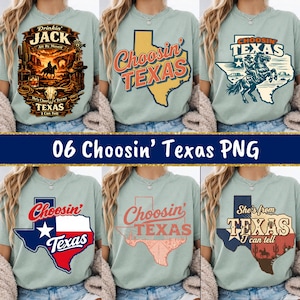 Puede incluir: Colecci&oacute;n de seis camisetas verde claro con dise&ntilde;os tem&aacute;ticos de Texas. Las camisetas muestran frases como "Drinkin' Jack" y "Choosin' Texas" con gr&aacute;ficos de vaqueros, el contorno de Texas y la bandera estatal. Tambi&eacute;n es visible el texto "06 Choosin' Texas PNG".