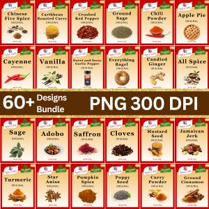 May include: A selection of spice packets, featuring flavours such as chilli powder, cinnamon, and curry powder. The packets are arranged in rows and columns, with the brand name "Spice Girls" visible on each. The image also includes the text "60+ Designs Bundle" and "PNG 300 DPI".