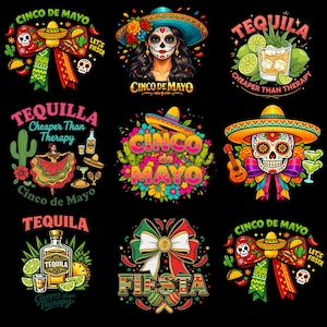 May include: A collection of colorful Cinco de Mayo themed illustrations on a black background. Designs include a woman with sugar skull makeup, tequila cocktails, sombreros, and the words "Cinco de Mayo" and "Fiesta".