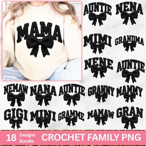 Black Crochet Family Png Bundle, Faux Yarn Bow Png, 3D Crochet Mama Mini Gigi png bundle, Yarn Mama Grammy, Grammy Mimi Gigi Mom Latch Hook