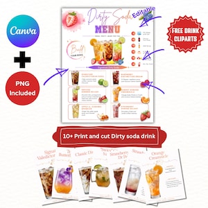 May include: A menu for "Dirty Soda" drinks, featuring colorful illustrations of various soda concoctions. The menu includes drink names, ingredients, and a "Build Your Soda" section. The image also includes a Canva logo and "PNG Included" text.