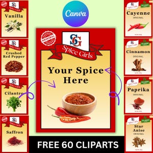 May include: A graphic featuring various spice packets with the text "Spice Girls." The image includes illustrations of vanilla, crushed red pepper, cilantro, saffron, cayenne, cinnamon, paprika, and star anise. The central image reads "Your Spice Here."