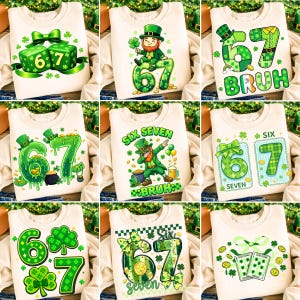 Pode incluir: Uma coleção de camisolas creme com vários designs do Dia de São Patrício. Os designs incluem os números 6 e 7, duendes, trevos e os textos "Bruh" e "Six Seven". As camisolas têm detalhes verdes.