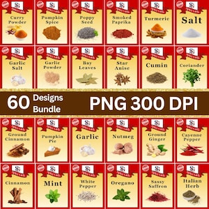 May include: A collection of spice labels with various spices, including curry powder, paprika, and cinnamon. The labels are red with gold accents and feature the text "Spice Girls". The image also includes the text "60 Designs Bundle PNG 300 DPI".