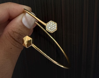 Gold Finish Sterling Silver CZ Hexagon Open Cuff Bangle