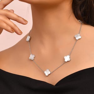 Mother Of Pearl Clover Necklace Stacking Diamond Van Cleef Clover Necklace 14K White Gold Plated 925 silver Gift For Girlfriend Promise Gift