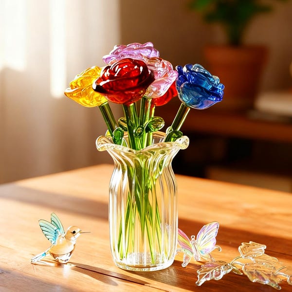 カップル向け手作りガラス製バラの花束、永遠のバラの装飾、ロマンチックな記念日の贈り物、彼女へのバレンタインギフト