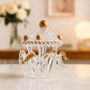 Könnte beinhalten: Eine transparente Glas-Karussell-Figur mit goldenen Akzenten. Das Karussell hat drei Pferde und ein gewölbtes Dach mit goldenen Kugeln. Die Figur steht auf einer weißen Oberfläche, mit einem verschwommenen Hintergrund aus Blumen und einer Lampe.
