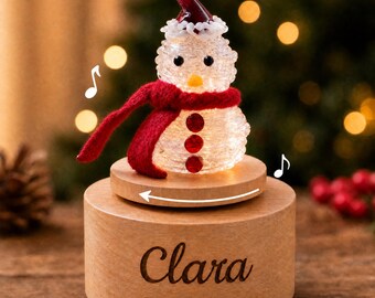 Personalized Red Scarf Snowman Music Box, Custom Christmas Music Box, Glass Sculpture Wooden Musical Gifts, Merry Christmas Glass Decor