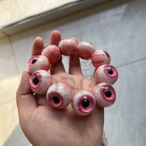 Punk Style Red Pink Eyeball Bracelet | Handmade Resin Bead Jewelry | Unique Gothic Horror Accessory | Statement Creepy Art Gift