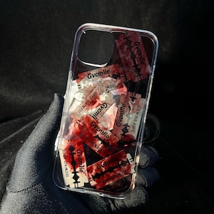Handmade Liquid Phone Case with Floating Razor Blades | Transparent iPhone Shell | Blood Diffusion Effect | Horror Aesthetic Accessory