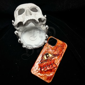 ハンドメイド 3D 恐竜の目 スマホケース | オレンジの歯のデザイン | ホラーモンスタースタイル | iPhone & 全機種対応 TPU カスタムカバー