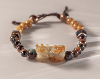Bracciale Pixiu in giadeite gialla intagliato a mano / Amuleto Feng Shui