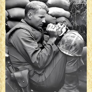 Fotokunst 01 Der Soldat und das Kätzchen Papiarte Poster Wanddrucke, Vintage auf Pergamentpapier Dekor, Zuhause