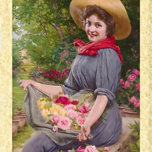 Arte '800 Art 01 Gaetano Bellei (Ragazza che coglie i fiori), Papiarte Poster Stampe da Arredamento, Vintage su Carta Pergamenata