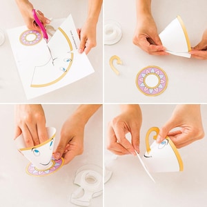 Puede incluir: Instrucciones paso a paso para montar un centro de mesa de taza Chip. El proceso implica cortar plantillas de papel, doblar y pegar las piezas. La taza tiene un cuerpo blanco con ribetes dorados, un platillo y un asa.