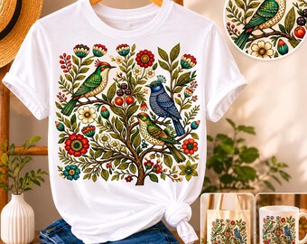 Camiseta Cottagecore con pájaros y flores, estilo arte popular escandinavo / Camiseta extragrande con estampado floral de pájaros, regalo para ella, tallas grandes.