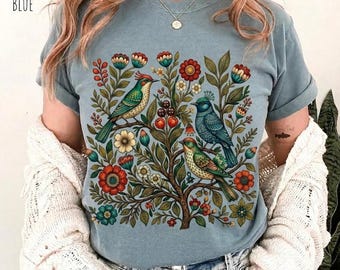Cottagecore Birds and Flowers Shirt Folk Art Scandi Tee | Oversized Floral Bird Gift for Her Plus Size Shirt