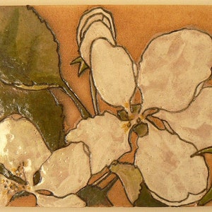 Original Drawing Carved Into Clay and Signed Spring Apple Blossom Ceramic Wall Hanging Tile image 1