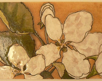 Original Drawing Carved Into Clay and Signed  Spring Apple Blossom Ceramic Wall Hanging Tile