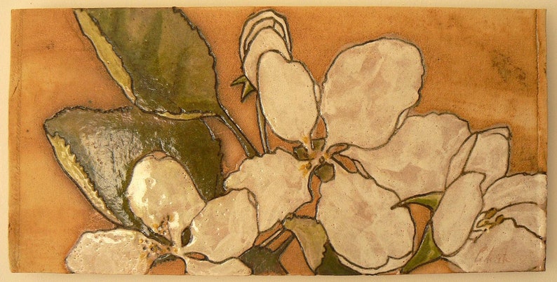 Original Drawing Carved Into Clay and Signed Spring Apple Blossom Ceramic Wall Hanging Tile image 1