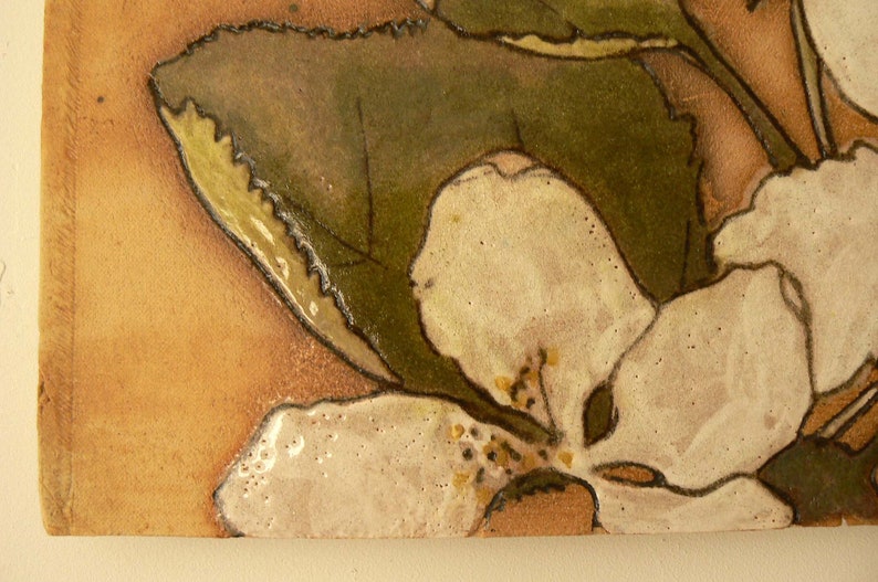 Original Drawing Carved Into Clay and Signed Spring Apple Blossom Ceramic Wall Hanging Tile image 2