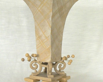 Hand Crafted Vase Slab Construction 15" Tall With Plaid Design and Decorative Balls That Add Serendipity Creamy Peachy Colors